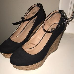 Black/tan wedges with ankle strap
